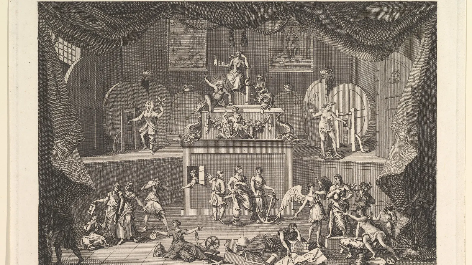 Gravure satirique de William Hogarth sur la loterie, avec des figures allégoriques autour de deux grands tambours